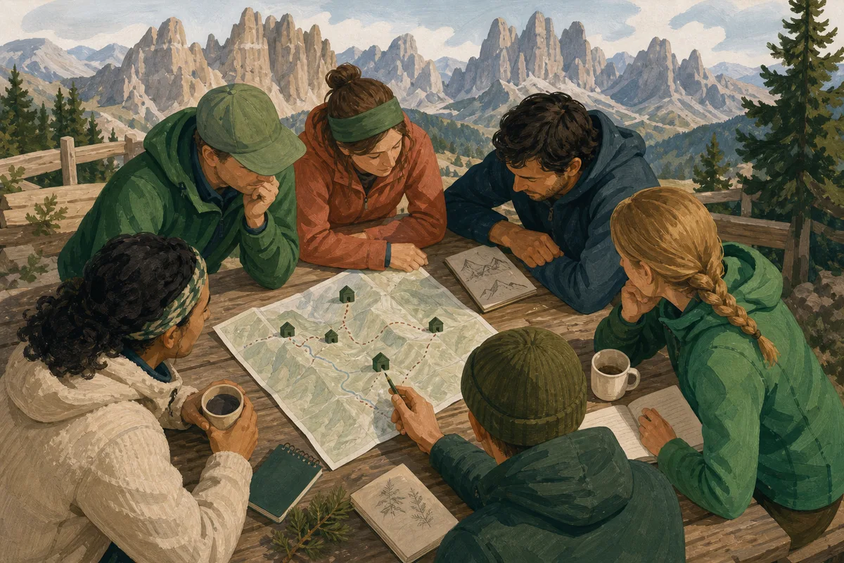 Six hikers collaborating around an illustrated Alta Via 1 route map