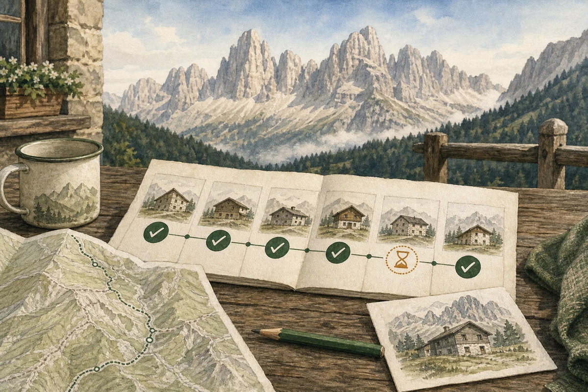 Illustrated Alta Via 1 booking chain with five green confirmations and one ochre pending symbol