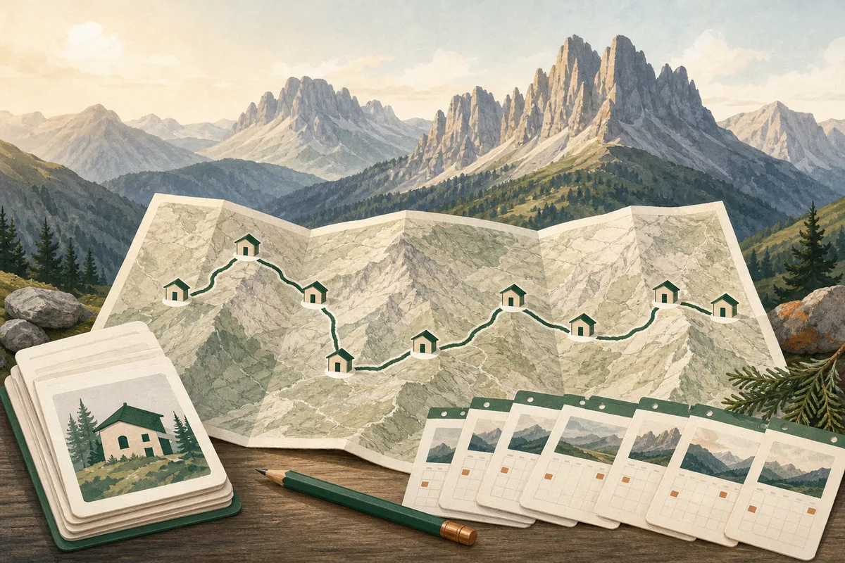 Illustrated Alta Via 1 map connecting eight mountain huts with calendar cards