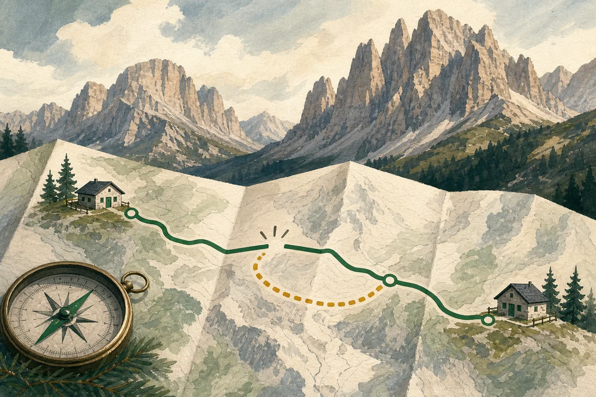 Illustrated mountain map with a broken route reconnected by an alternate path