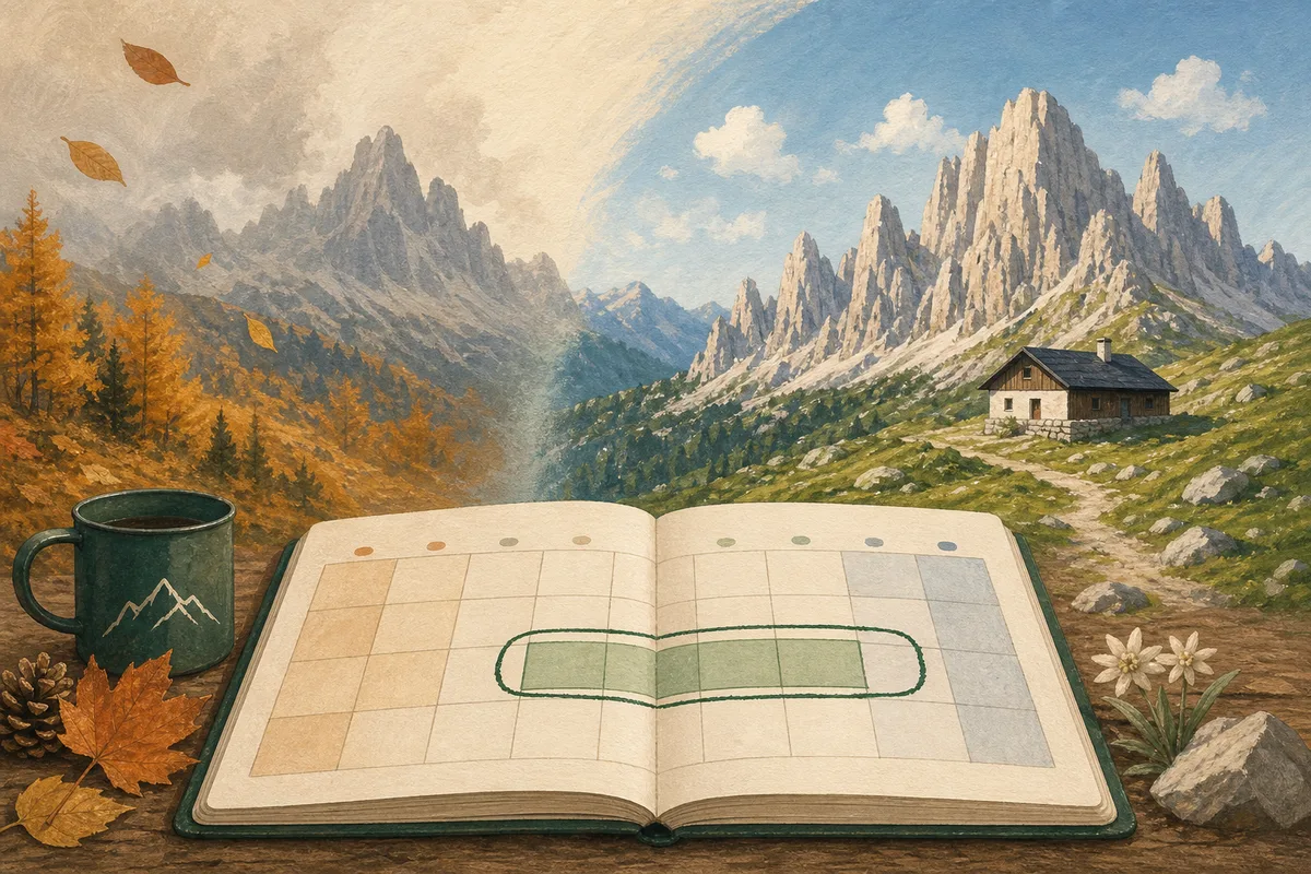 Illustrated booking calendar spanning autumn preparation and the summer Alta Via 1 season